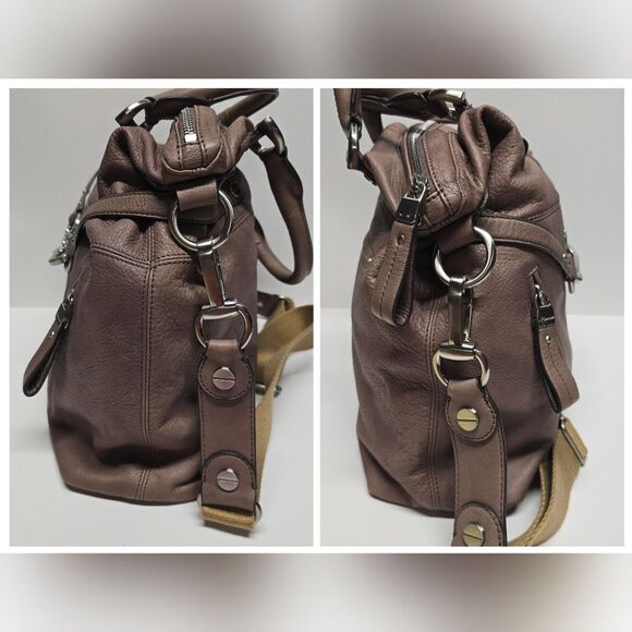 B. Makowsky Large Taupe Brown Leather Hobo Satchel Shoulder Crossbody Bag - Picture 5 of 8